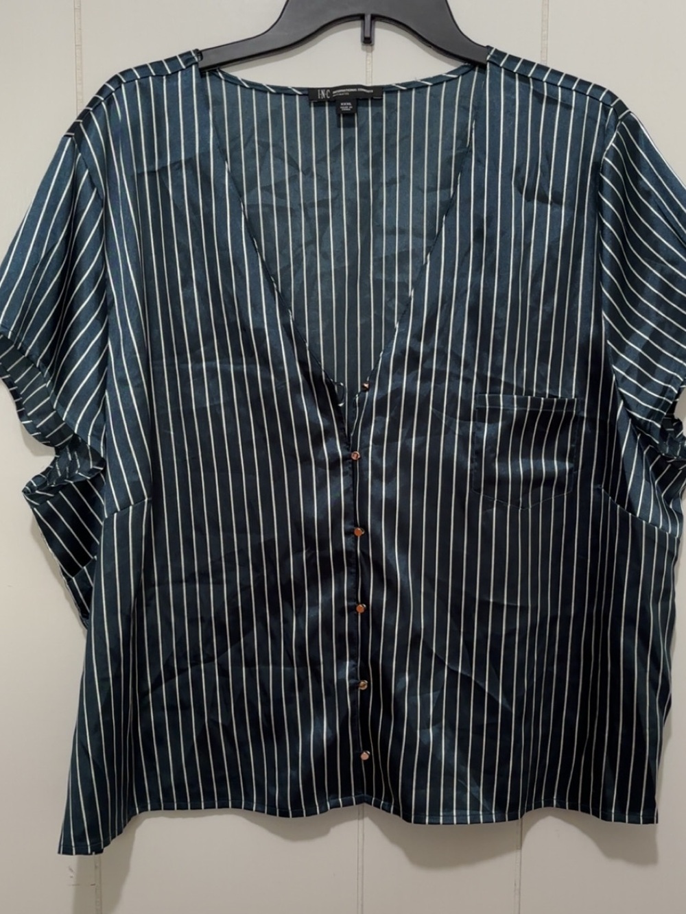 INC International Concepts Dark Navy White Pinstripe Button-Front Top